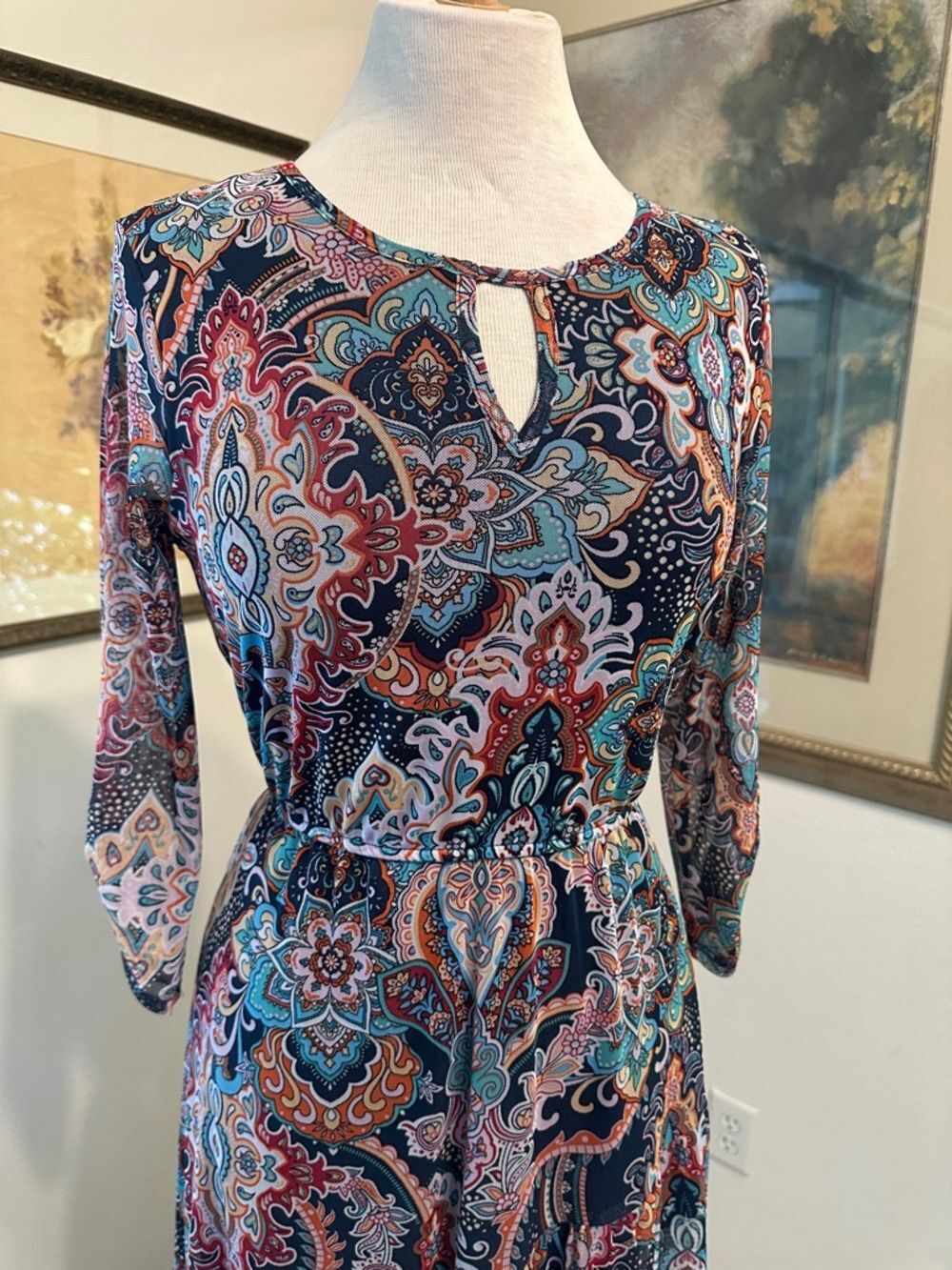 Harlow & Rose Navy Multicolor Geometric Asymmetrical Hem Dress Size Medium - Picture 3 of 15